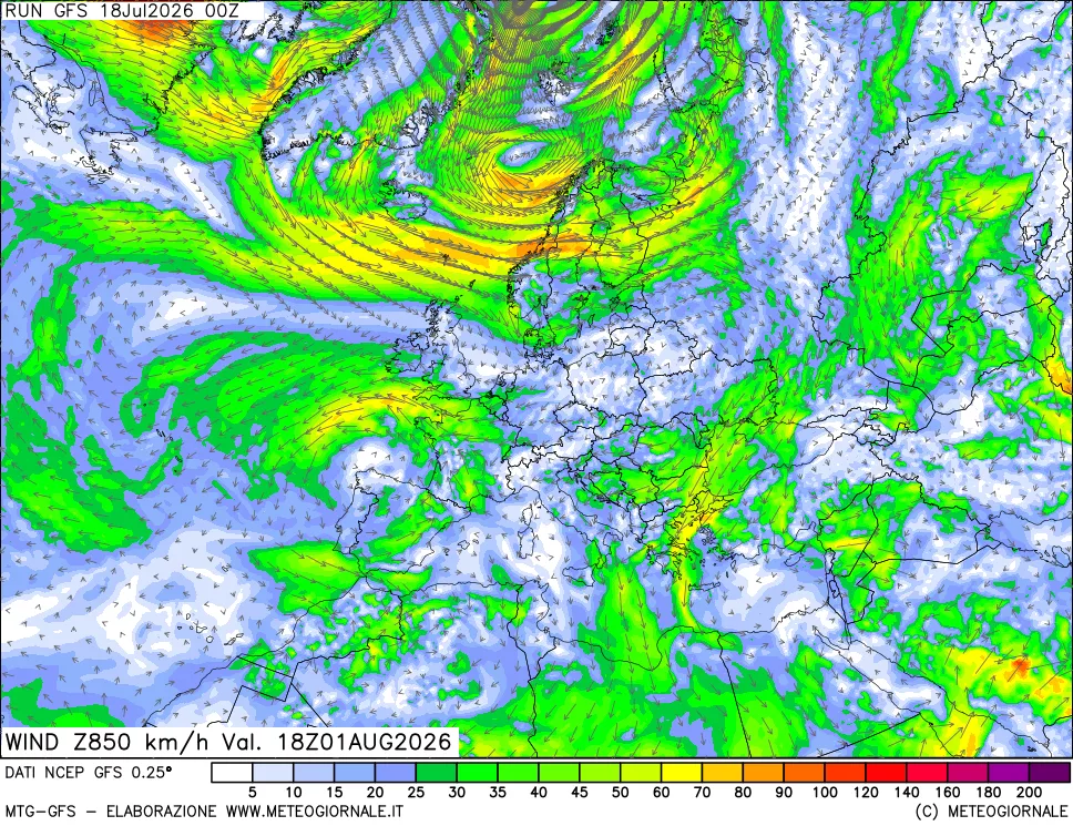 mappa 850 hPa Vento forza e direzione