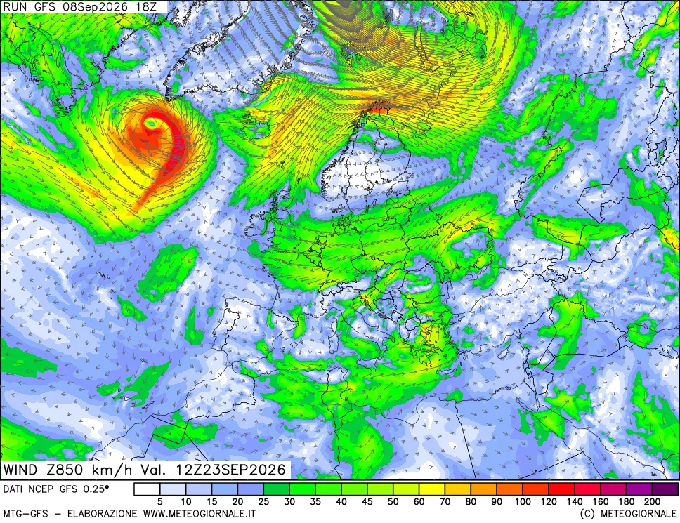 mappa 850 hPa Vento forza e direzione