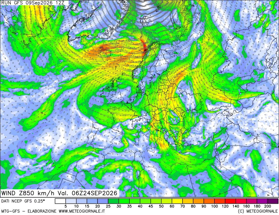 mappa 850 hPa Vento forza e direzione