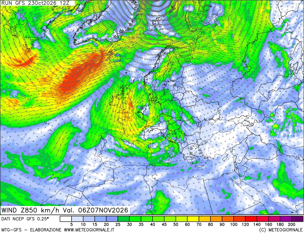 mappa 850 hPa Vento forza e direzione