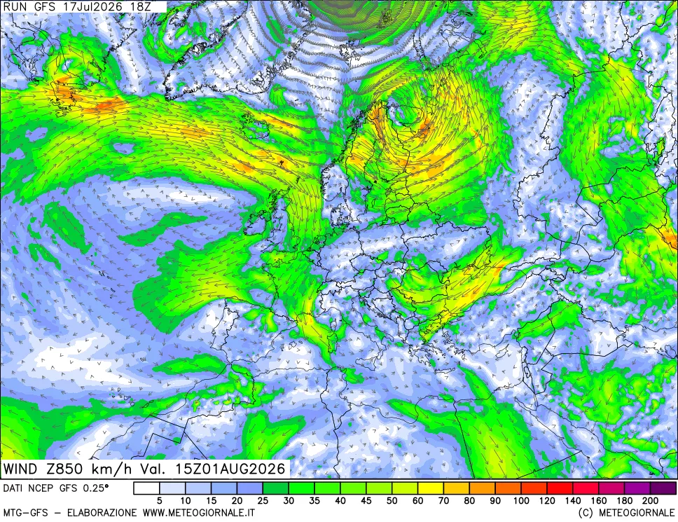 mappa 850 hPa Vento forza e direzione
