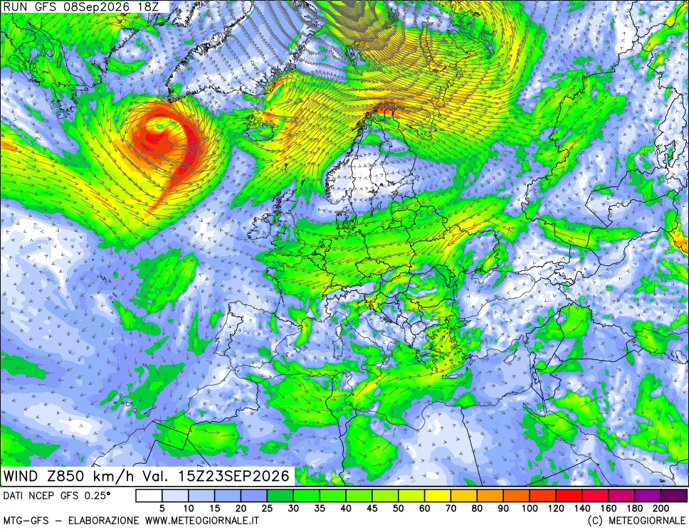 mappa 850 hPa Vento forza e direzione