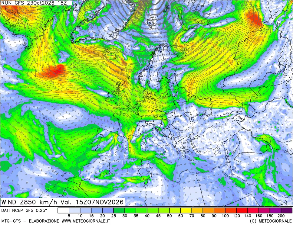 mappa 850 hPa Vento forza e direzione