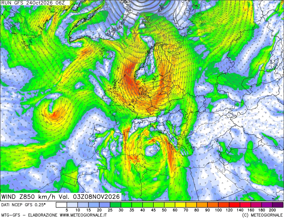 mappa 850 hPa Vento forza e direzione