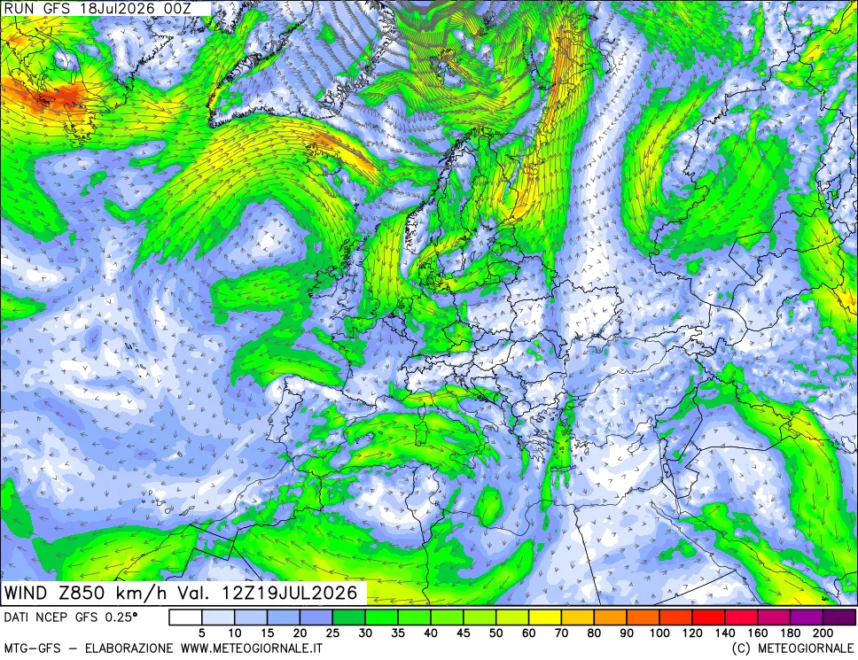 mappa 850 hPa Vento forza e direzione
