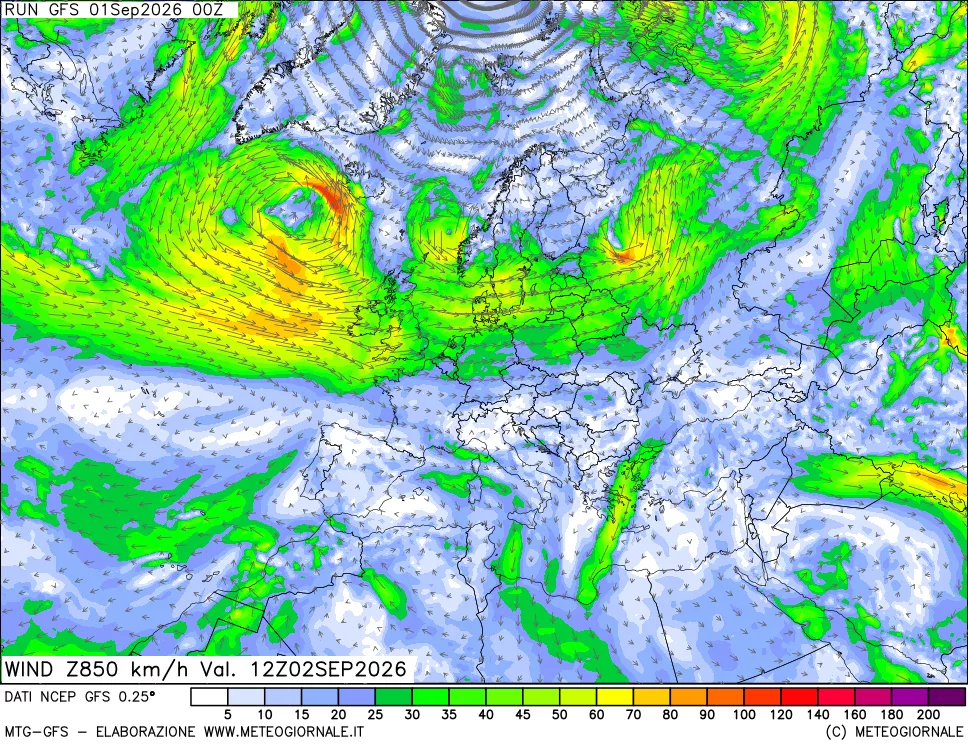 mappa 850 hPa Vento forza e direzione