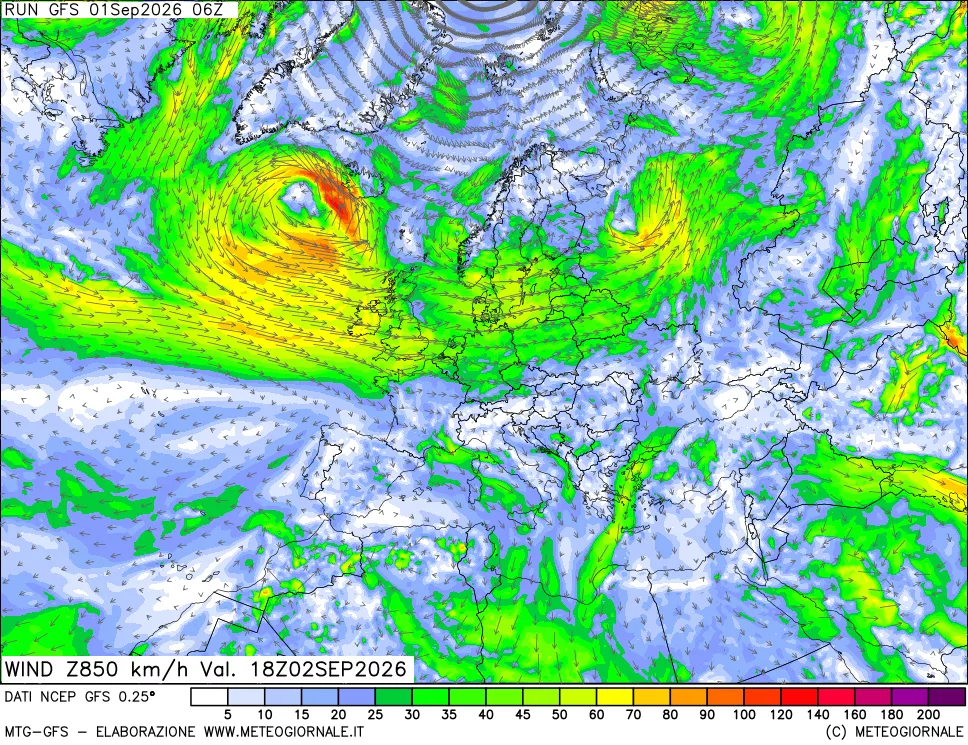 mappa 850 hPa Vento forza e direzione