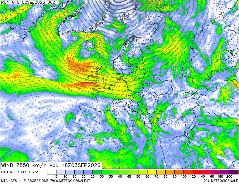 mappa 850 hPa Vento forza e direzione
