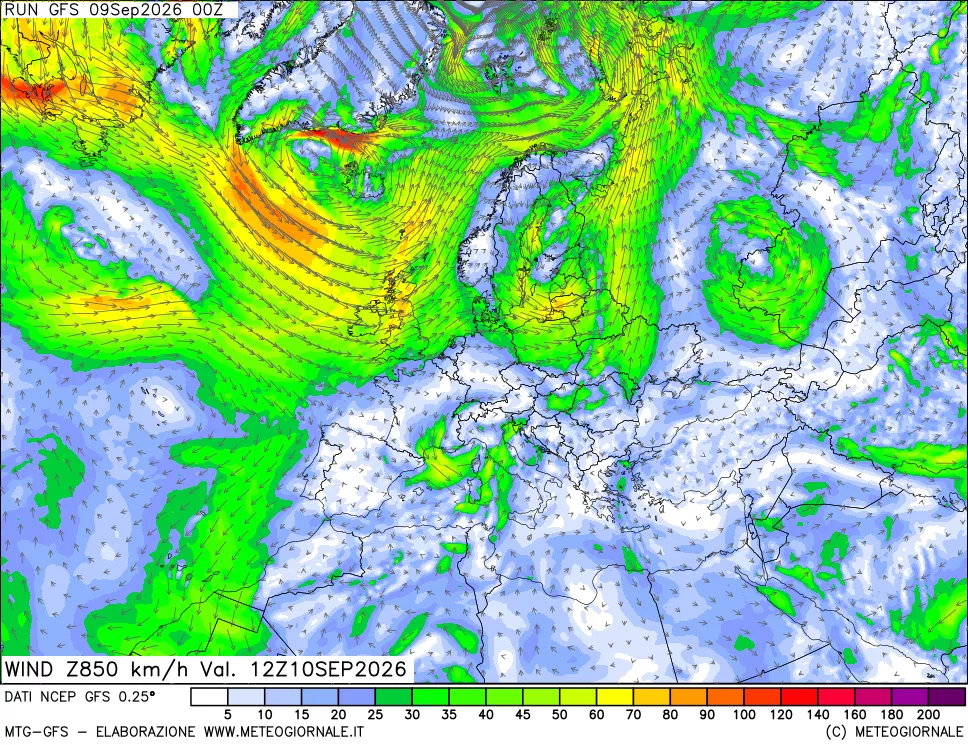 mappa 850 hPa Vento forza e direzione