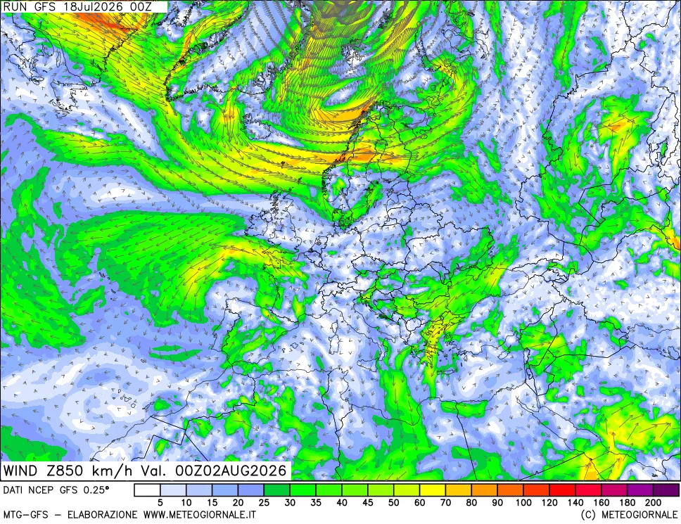 mappa 850 hPa Vento forza e direzione