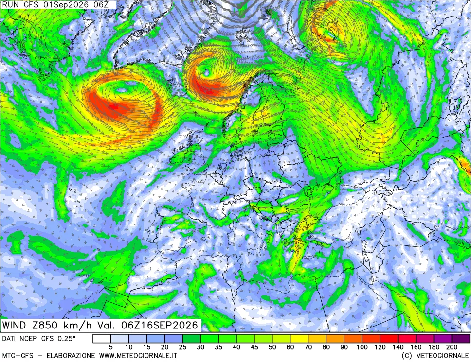 mappa 850 hPa Vento forza e direzione