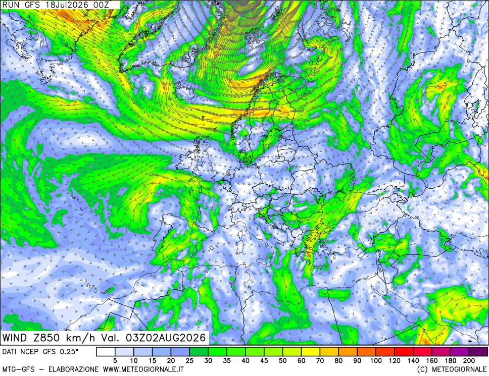 mappa 850 hPa Vento forza e direzione