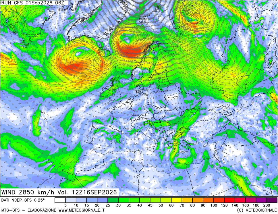 mappa 850 hPa Vento forza e direzione