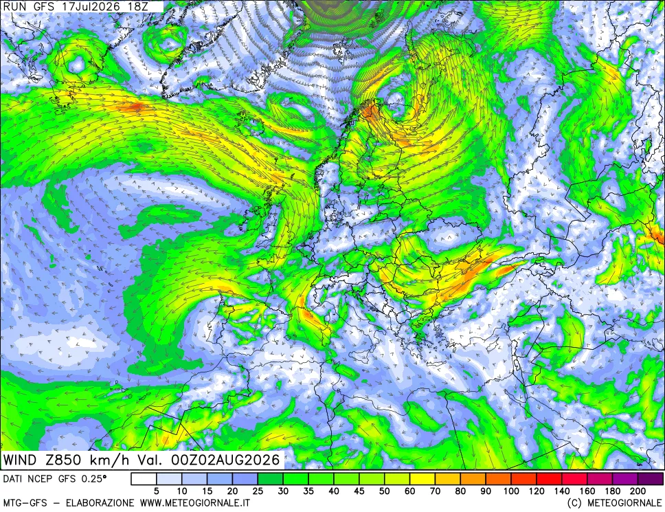 mappa 850 hPa Vento forza e direzione