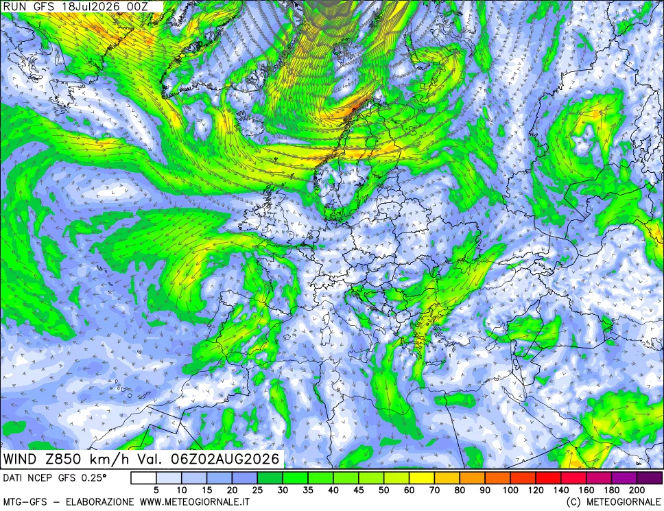 mappa 850 hPa Vento forza e direzione