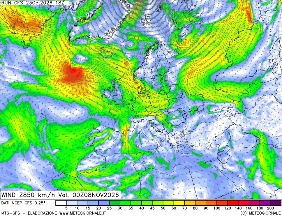 mappa 850 hPa Vento forza e direzione