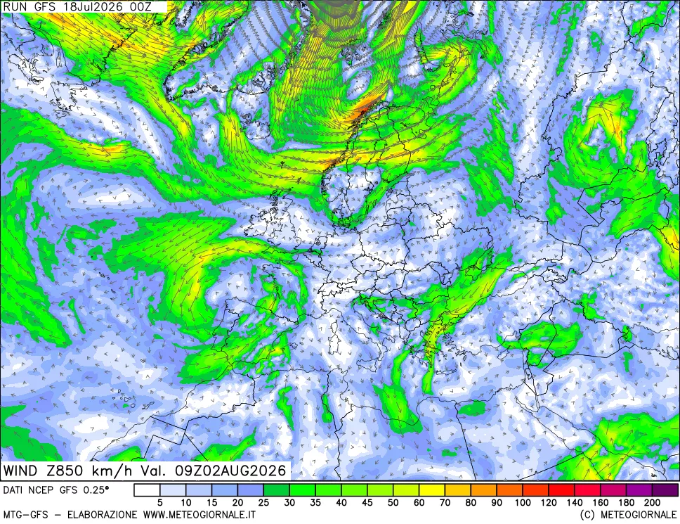 mappa 850 hPa Vento forza e direzione