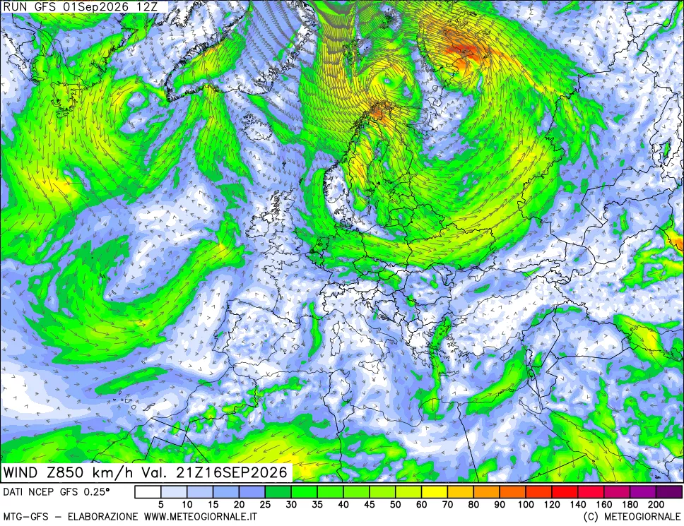 mappa 850 hPa Vento forza e direzione