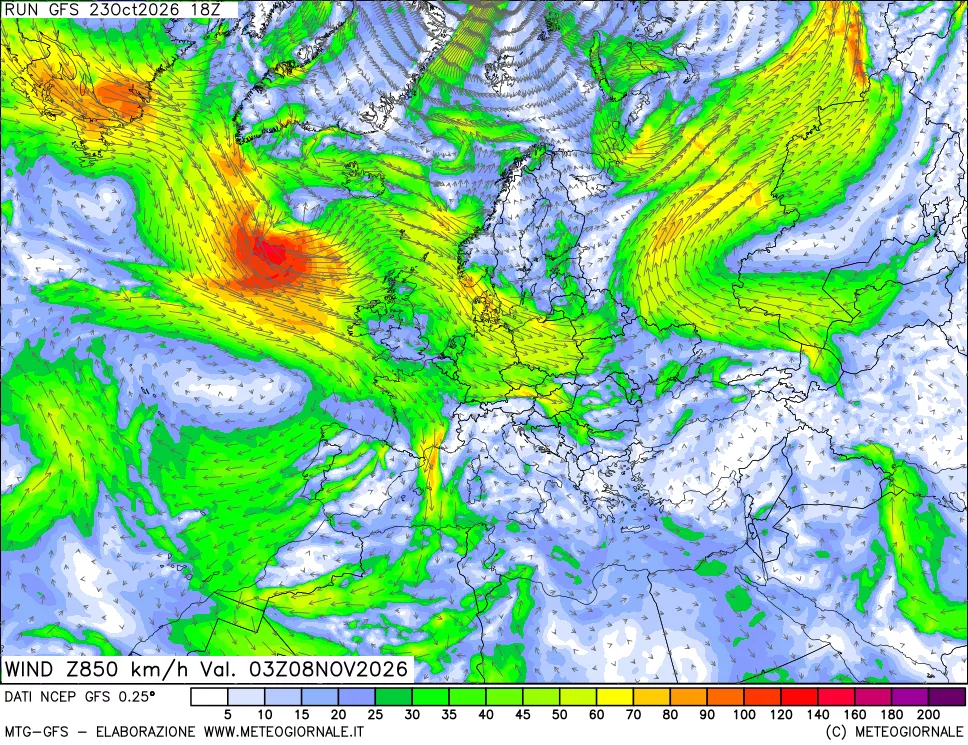 mappa 850 hPa Vento forza e direzione