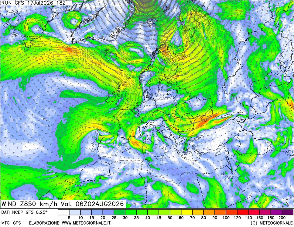 mappa 850 hPa Vento forza e direzione