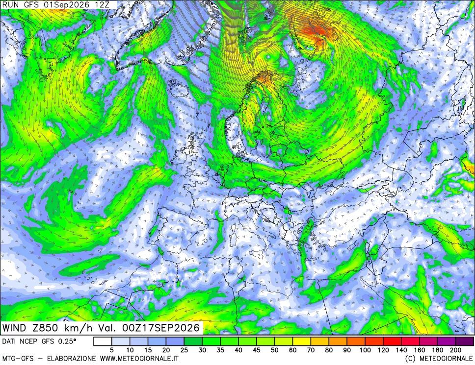 mappa 850 hPa Vento forza e direzione