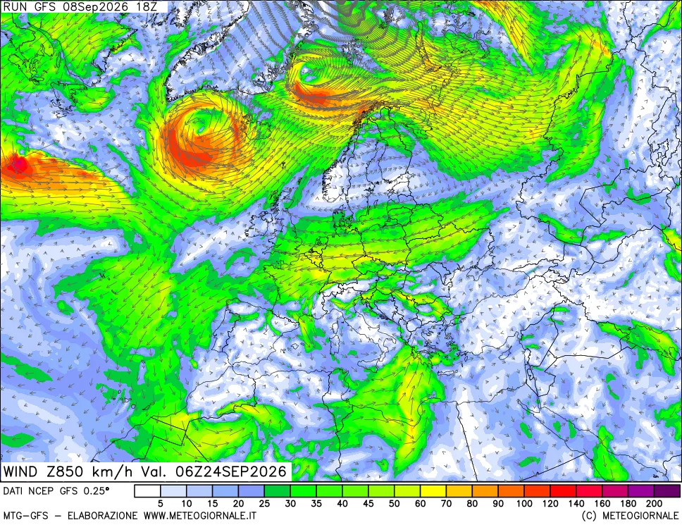 mappa 850 hPa Vento forza e direzione
