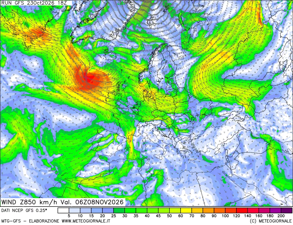 mappa 850 hPa Vento forza e direzione