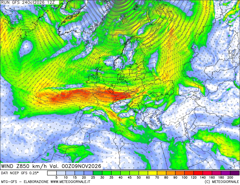 mappa 850 hPa Vento forza e direzione