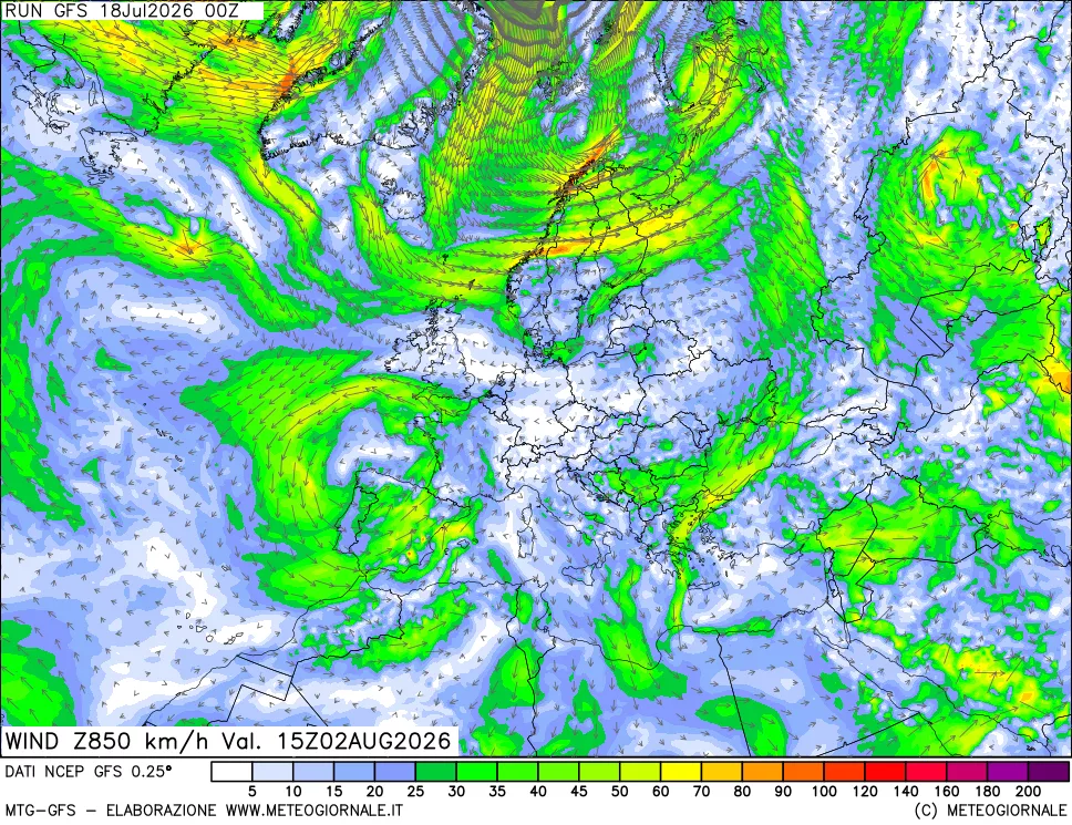 mappa 850 hPa Vento forza e direzione