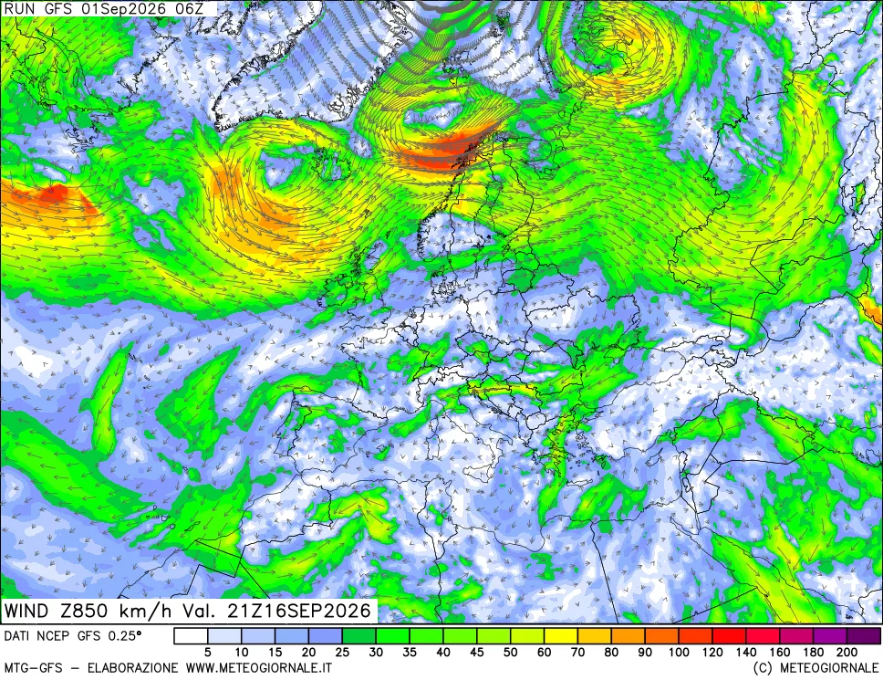 mappa 850 hPa Vento forza e direzione