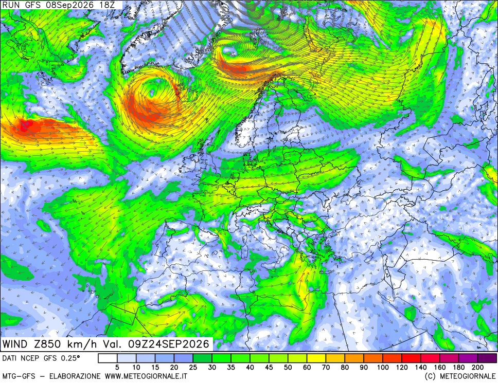 mappa 850 hPa Vento forza e direzione