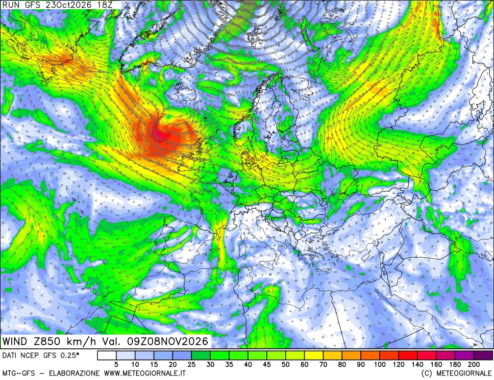 mappa 850 hPa Vento forza e direzione