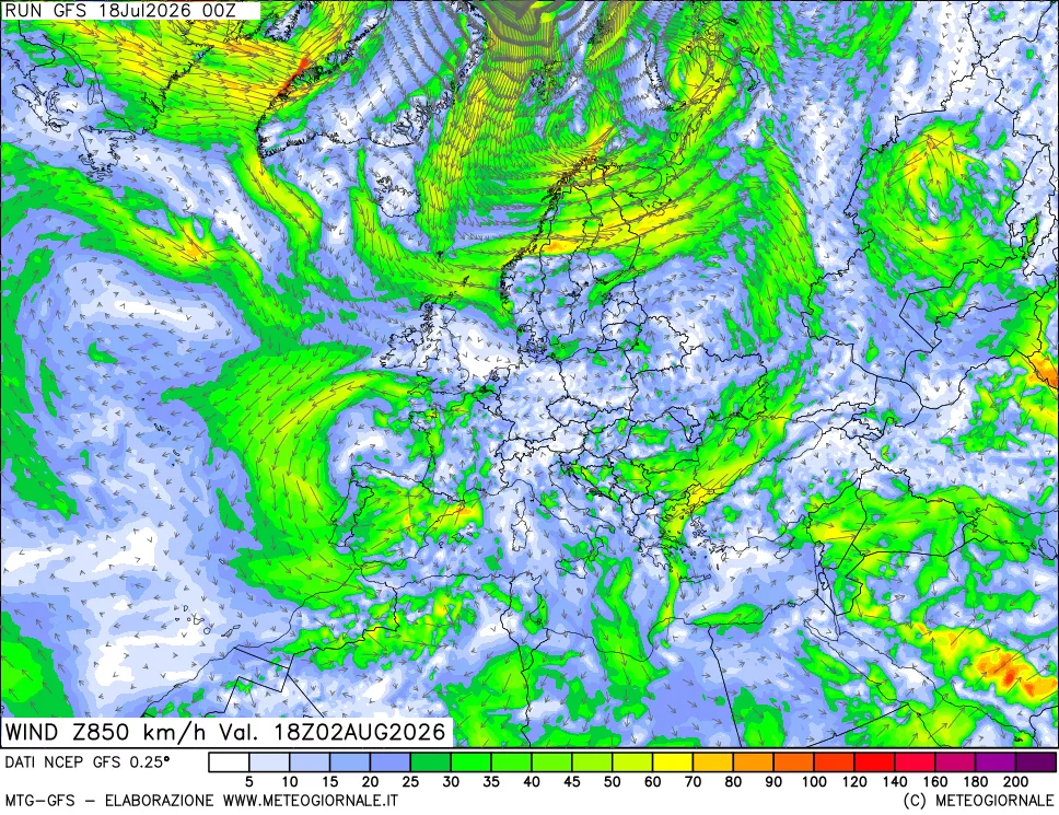 mappa 850 hPa Vento forza e direzione