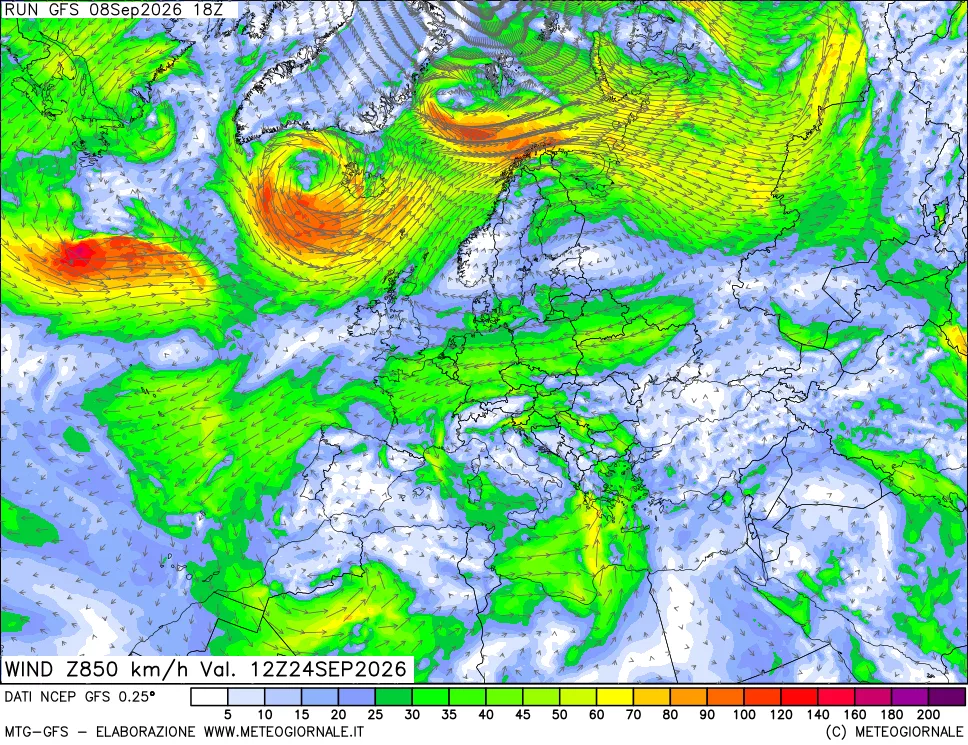 mappa 850 hPa Vento forza e direzione
