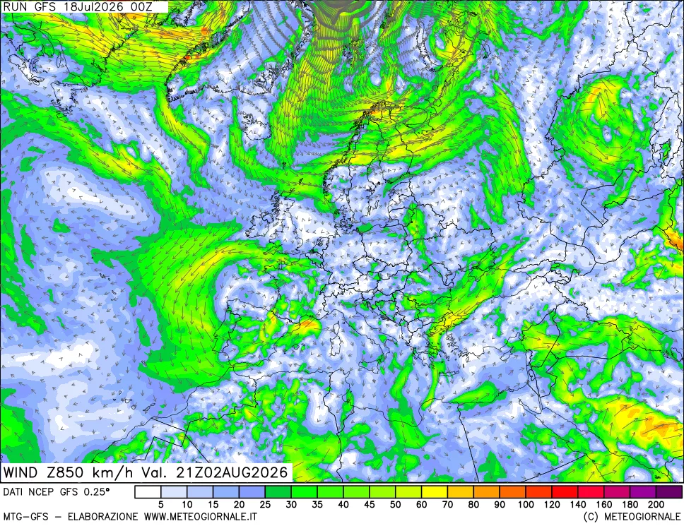 mappa 850 hPa Vento forza e direzione