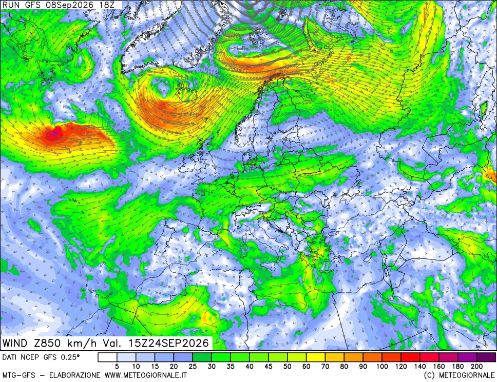 mappa 850 hPa Vento forza e direzione
