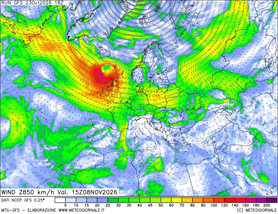 mappa 850 hPa Vento forza e direzione