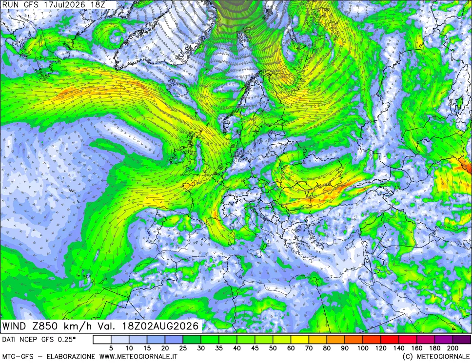 mappa 850 hPa Vento forza e direzione