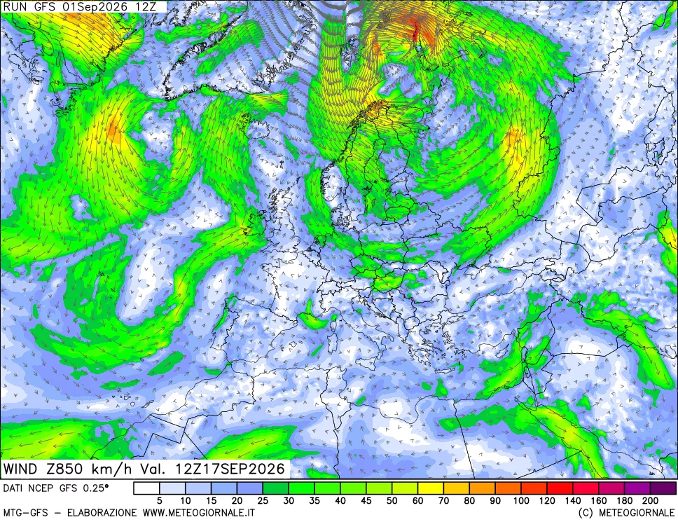 mappa 850 hPa Vento forza e direzione