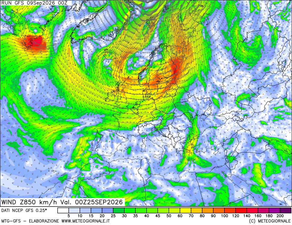 mappa 850 hPa Vento forza e direzione