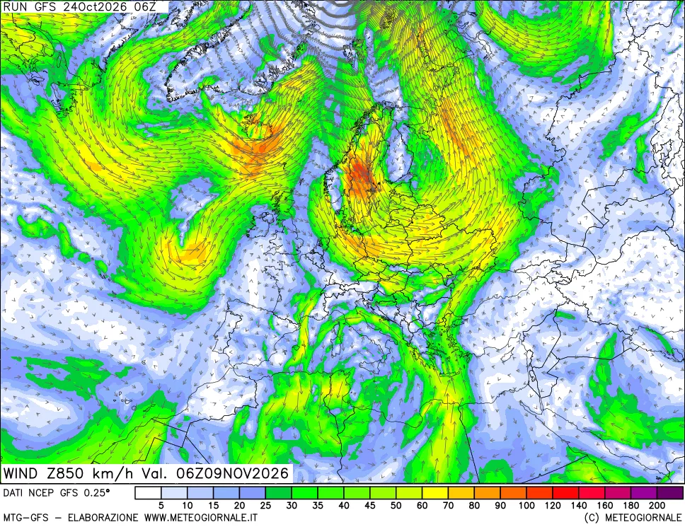 mappa 850 hPa Vento forza e direzione