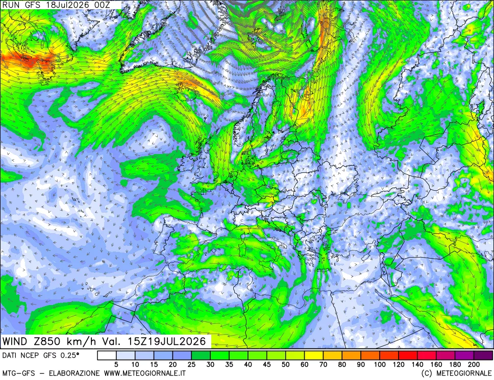mappa 850 hPa Vento forza e direzione