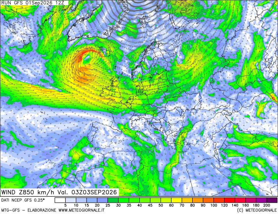 mappa 850 hPa Vento forza e direzione