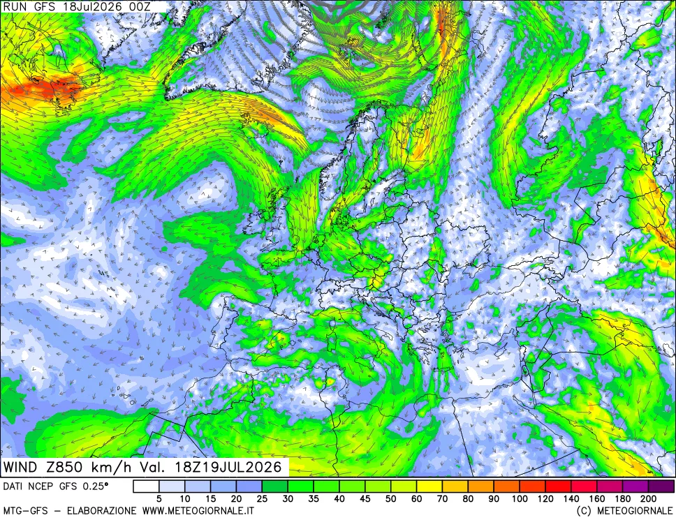 mappa 850 hPa Vento forza e direzione