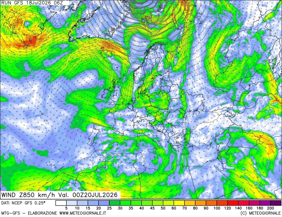 mappa 850 hPa Vento forza e direzione