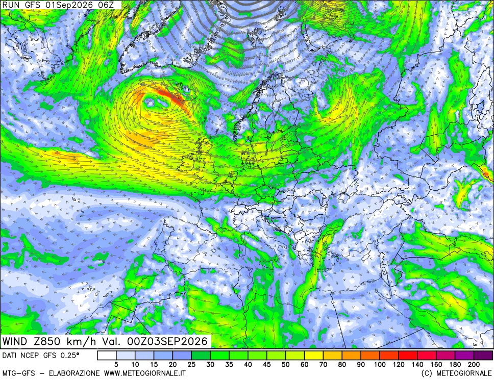 mappa 850 hPa Vento forza e direzione