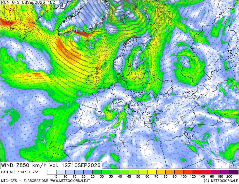 mappa 850 hPa Vento forza e direzione