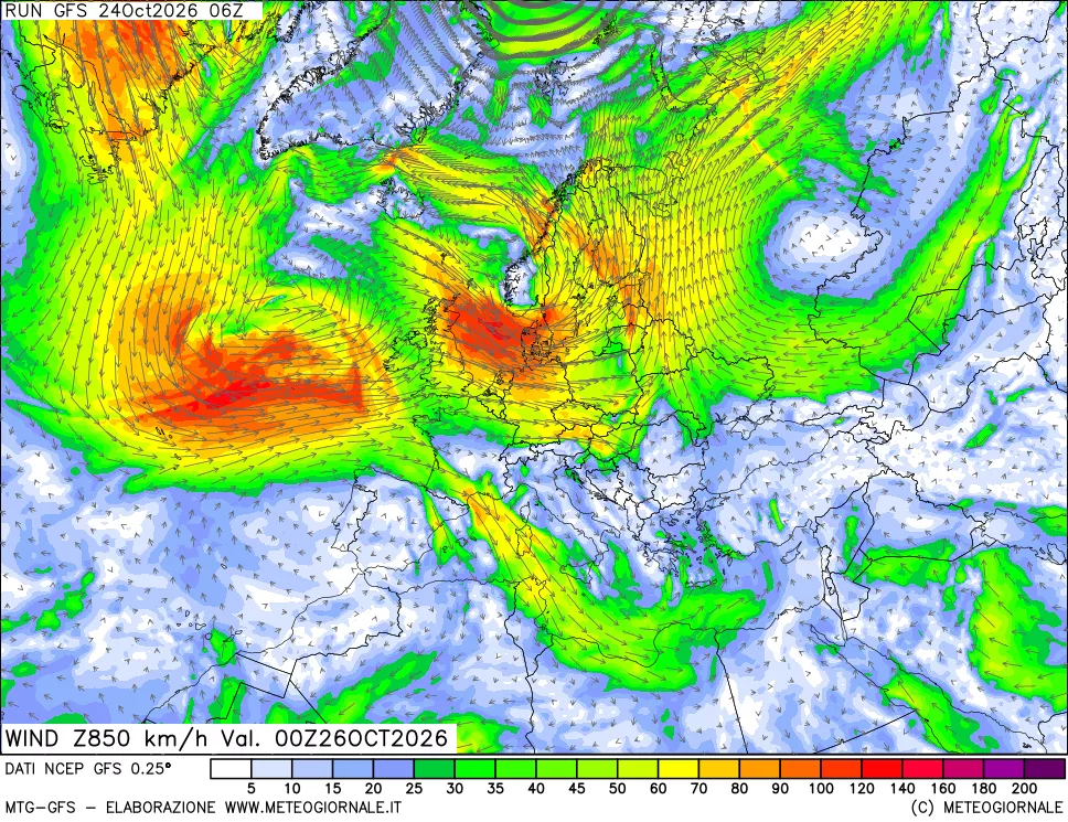 mappa 850 hPa Vento forza e direzione