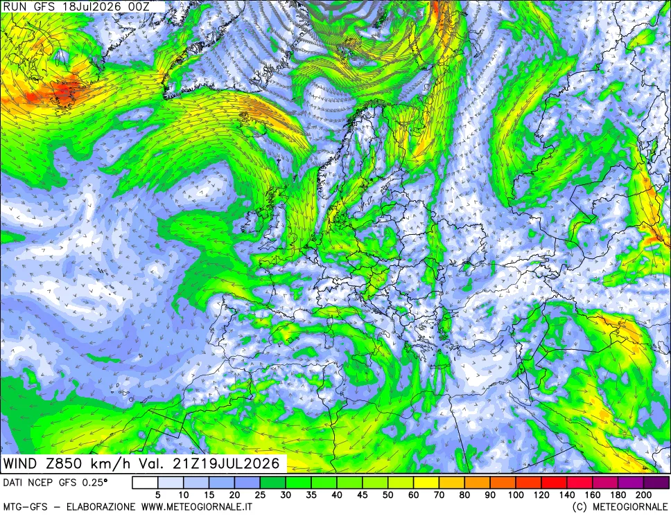 mappa 850 hPa Vento forza e direzione