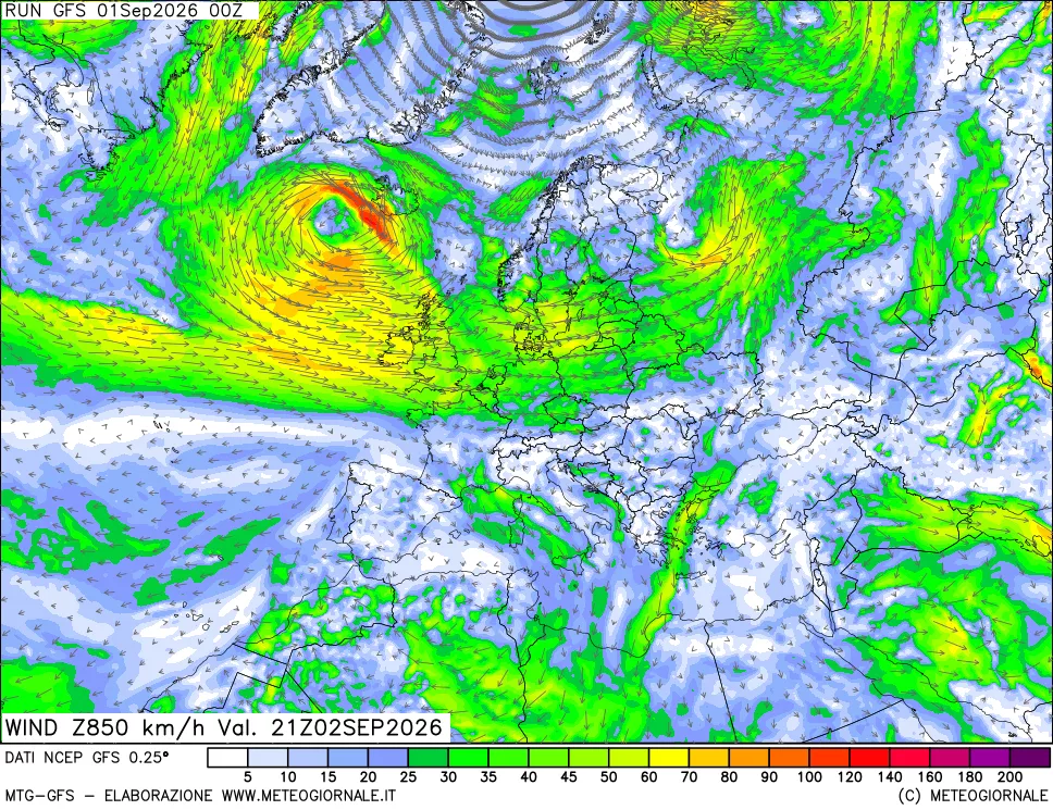 mappa 850 hPa Vento forza e direzione